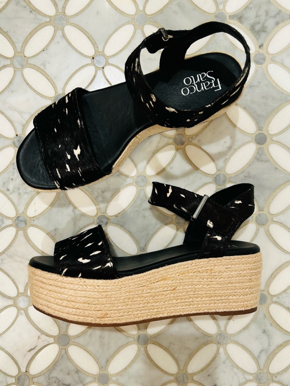 Franco Sarto Ben Spotted Calf Hair Leather Platform Jute Espadrille Sandal 8.5
